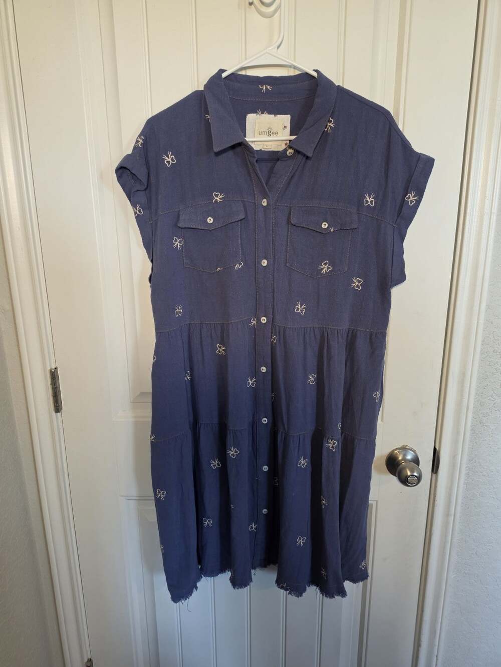Umgee Womens Large Navy Blue Embroidered Bow Tiered Button Down Midi Dress Boho